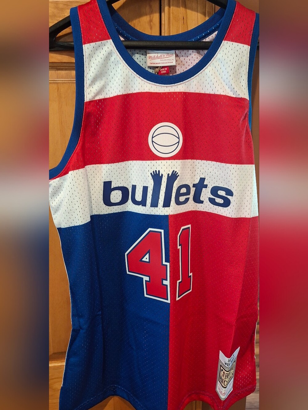 Mitchell & Ness Red and Blue Bullets #41 Basketball Jersey Wes Unseld Mens L